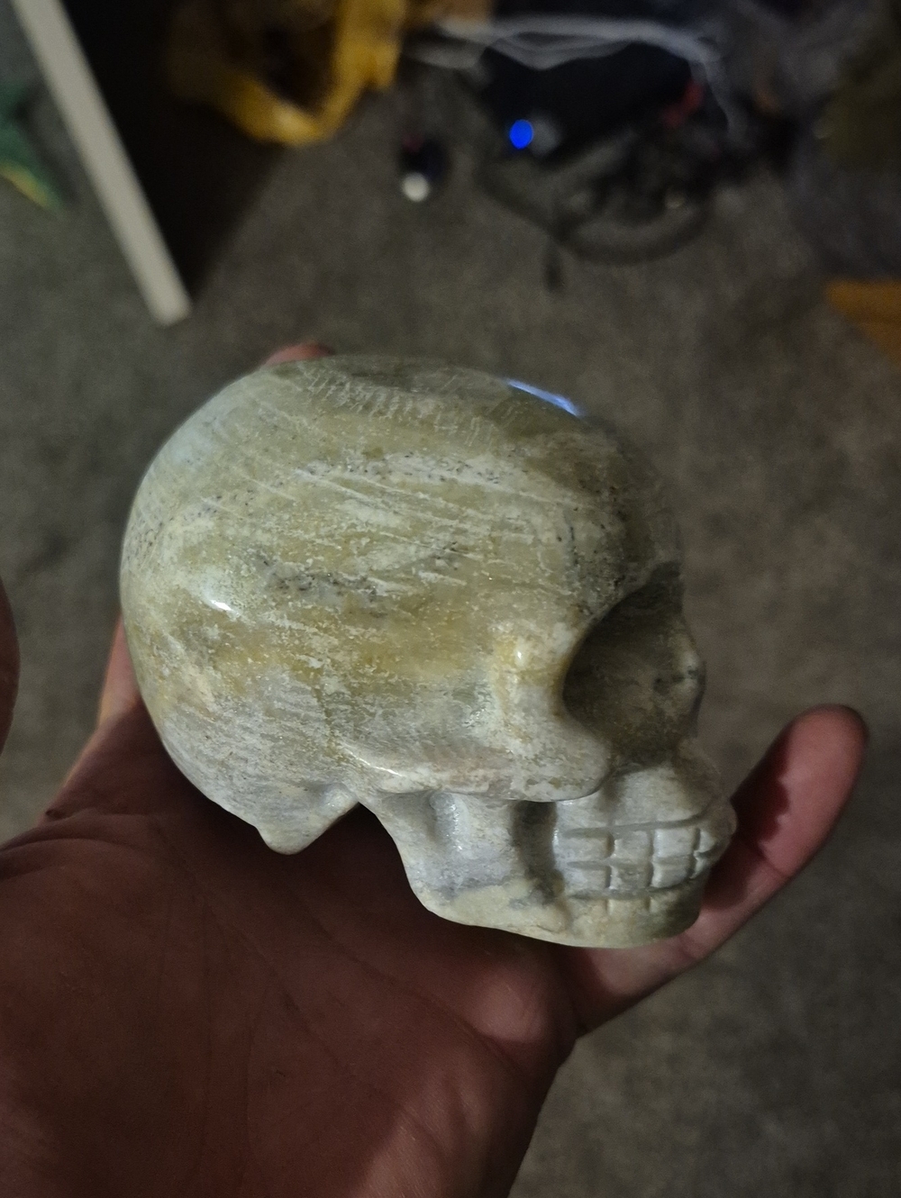 Hand Carved Stone Skull - Beige/Gray Decorative Sculpture